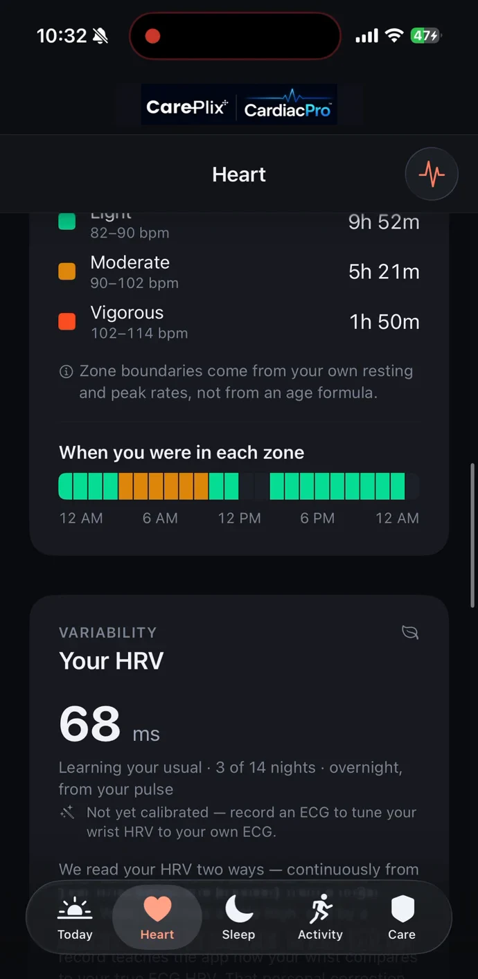 CarePlix CardiacPro HRV and heart-rate-zone detail