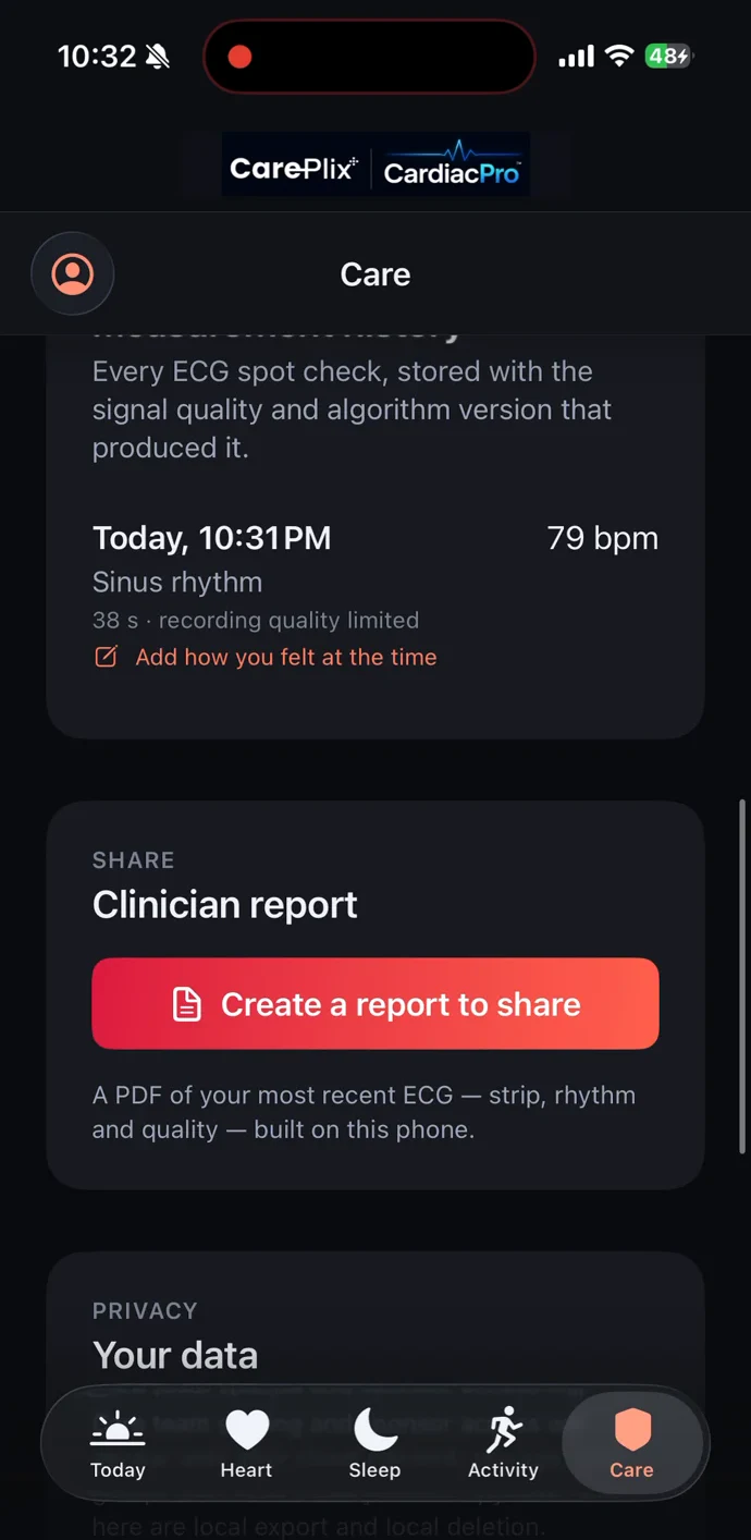 CarePlix CardiacPro saved ECG records screen